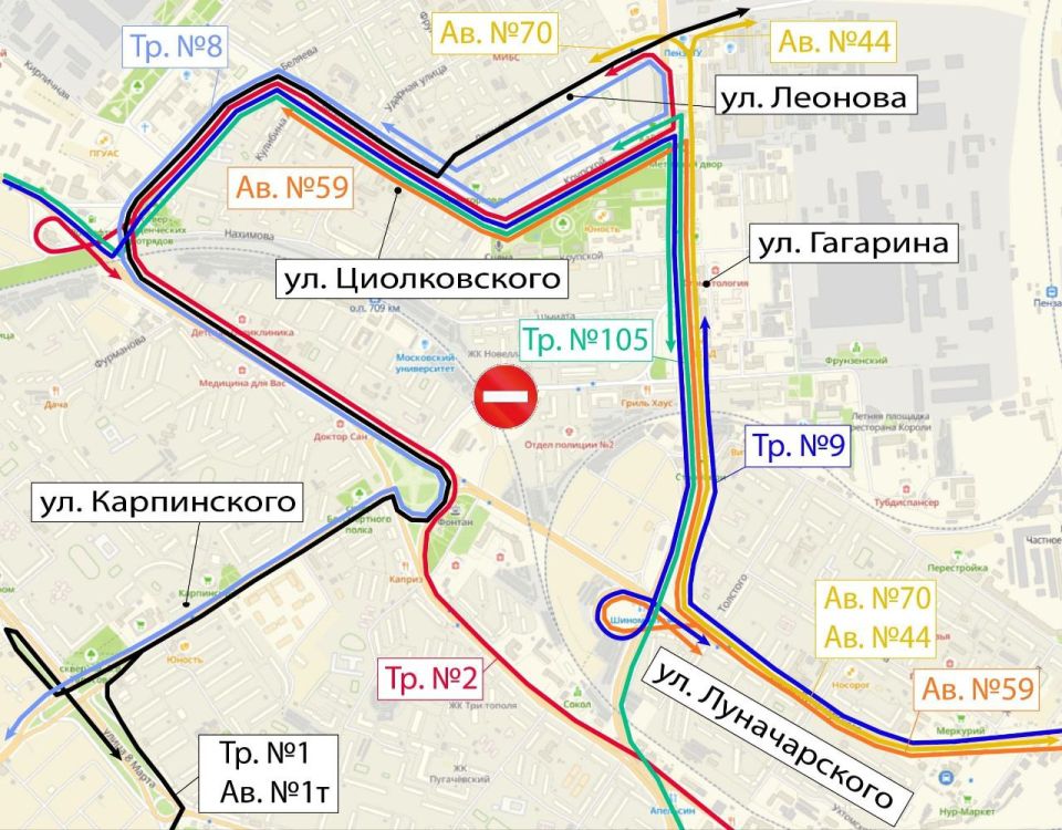 В связи с проведением демонтажа аварийных световых опор на Ленинском путепроводе и его перекрытием до 18:00 5 декабря внесены изменения в схемы движения общественного транспорта: