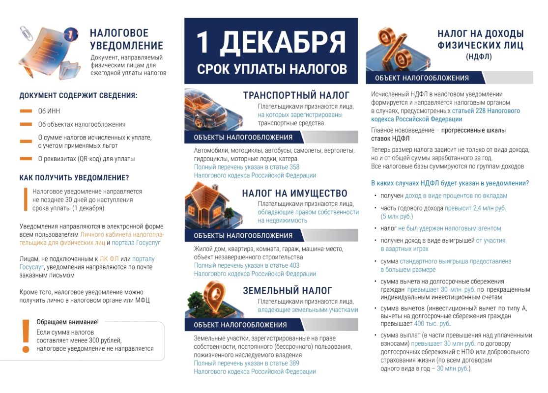 Федеральная налоговая служба напоминает, что 1 декабря - срок уплаты следующих налогов: Федеральная налоговая служба напоминает, что 1 декабря - срок уплаты следующих налогов: